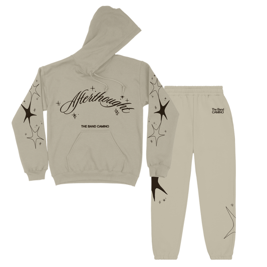 Beige hoodie and jogger pants set with 'Afterthought' text and star designs on a white background