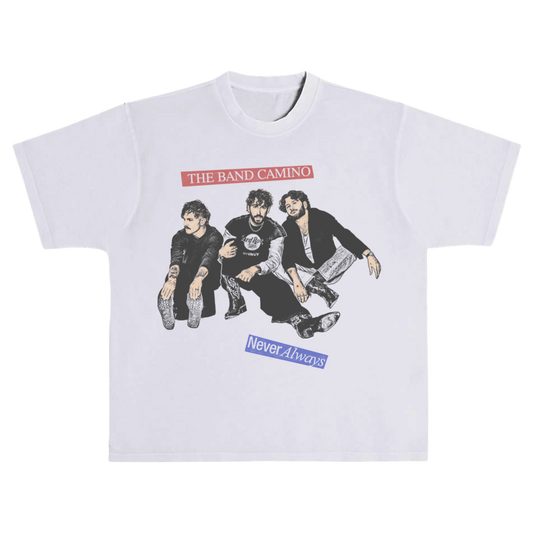 White t-shirt with graphic design of three people and text 'The Band Camino Never Always' on a white background