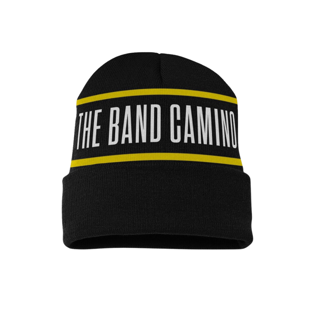 Black knit beanie with the text 'THE BAND CAMINO' written in white and yellow across the front.