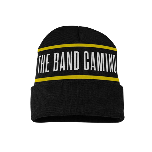 Black knit beanie with the text 'THE BAND CAMINO' written in white and yellow across the front.
