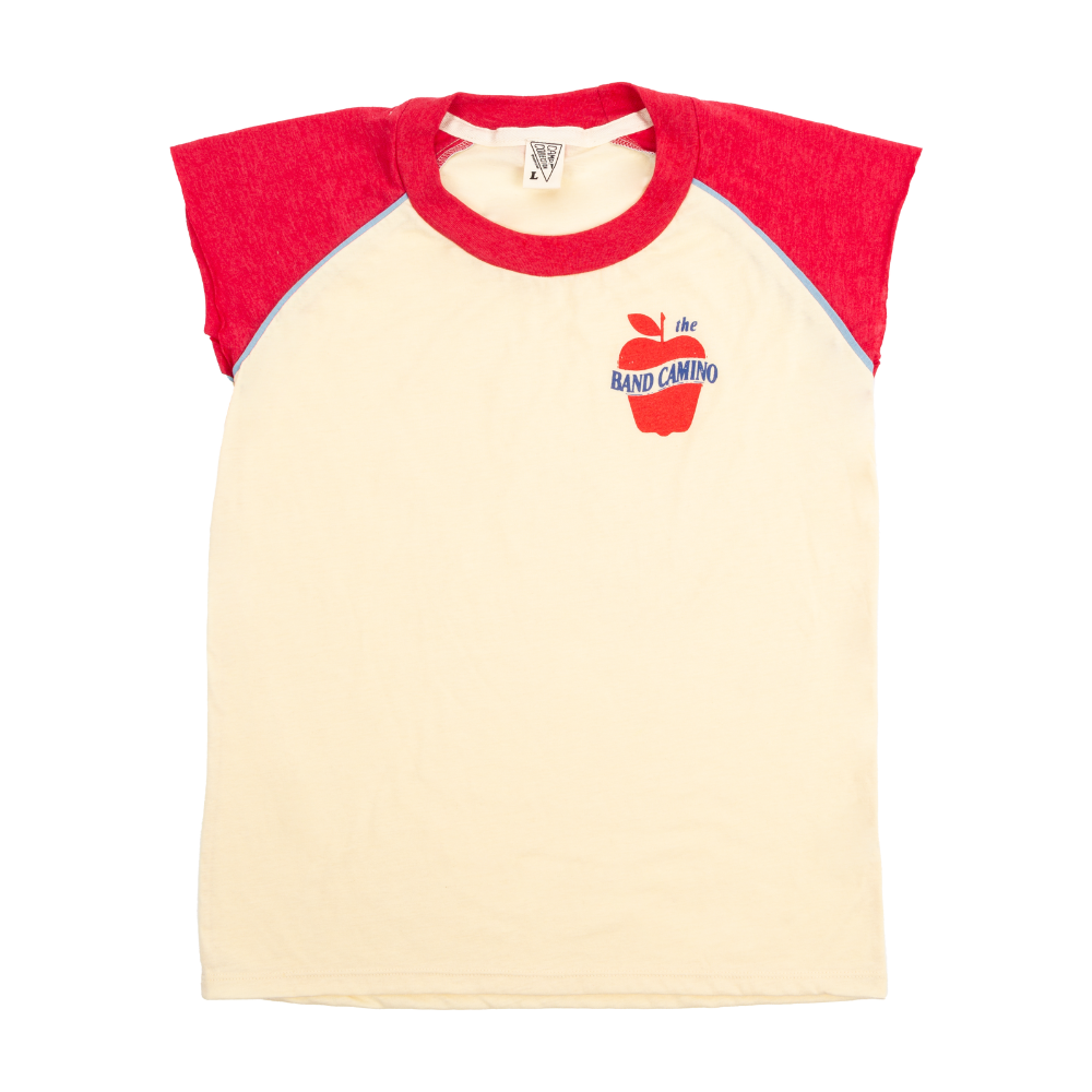 A red and white tank top with short sleeves and a graphic on the chest.