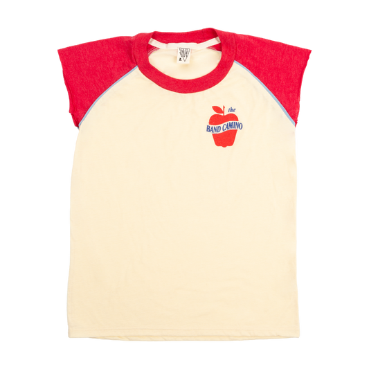 A red and white tank top with short sleeves and a graphic on the chest.
