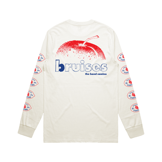 A long sleeve white t-shirt with a graphic design on the back showing a red apple and the word 'bruises' in a stylized font, along with a logo and the phrase 'the band comes'.