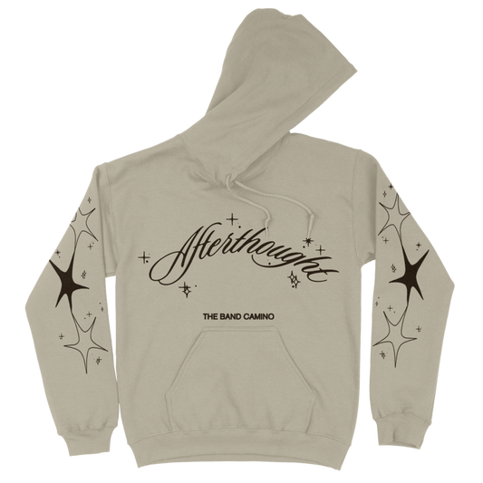 Beige hoodie with 'Afterthoughts' and 'The Band Camino' text on a white background
