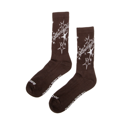 Brown socks with star designs and text on a white background