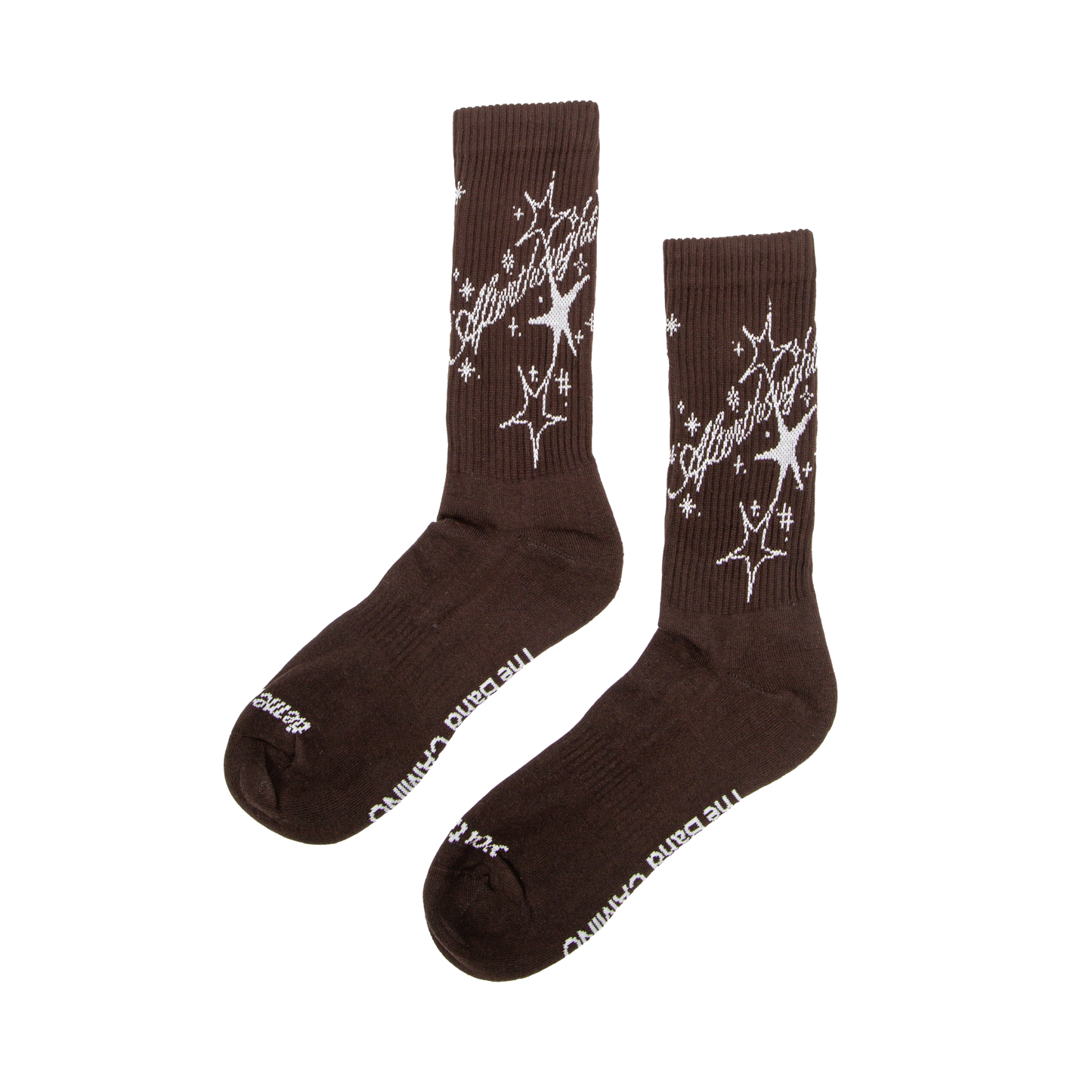 Brown socks with star designs and text on a white background