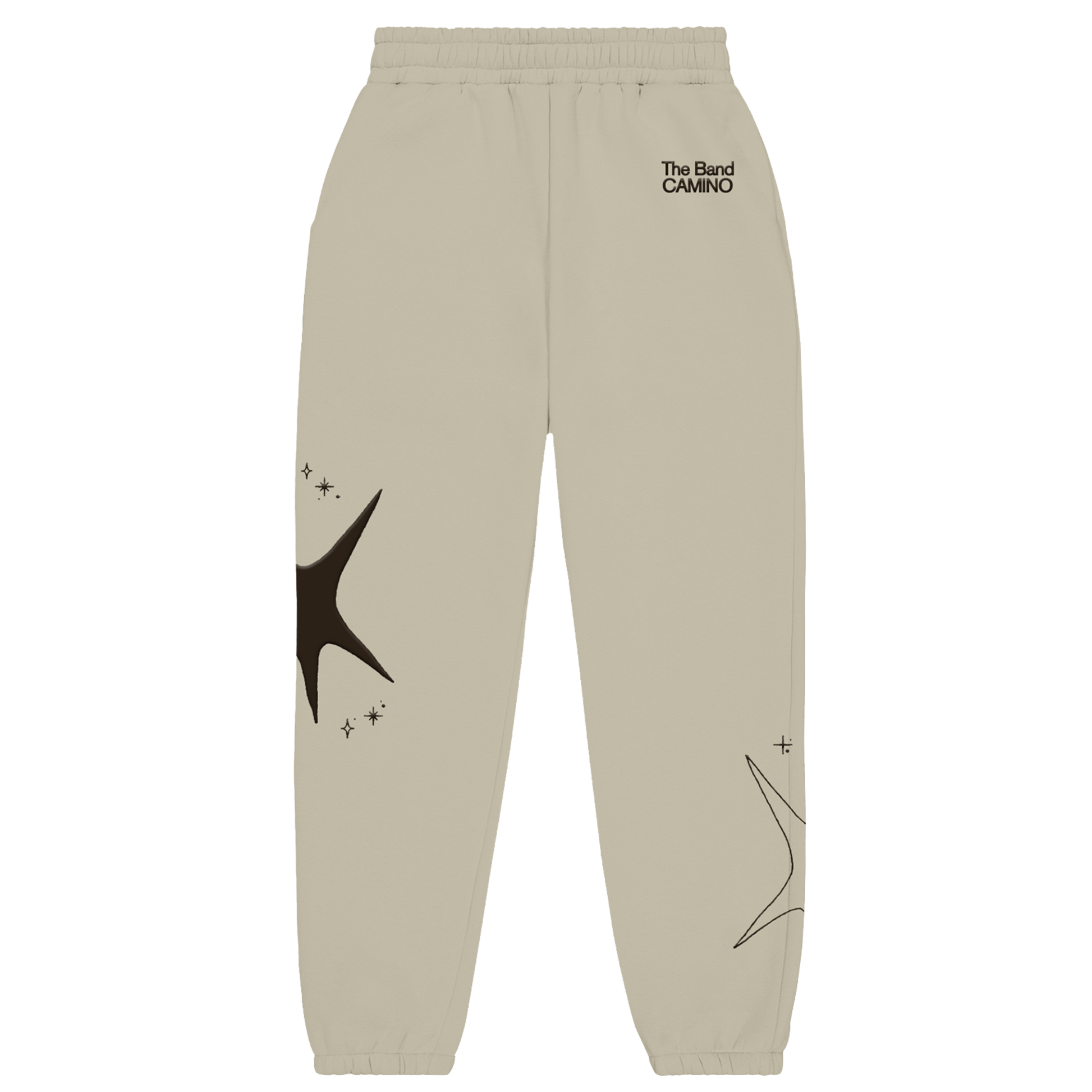 Beige sweatpants with star designs and text on a white background