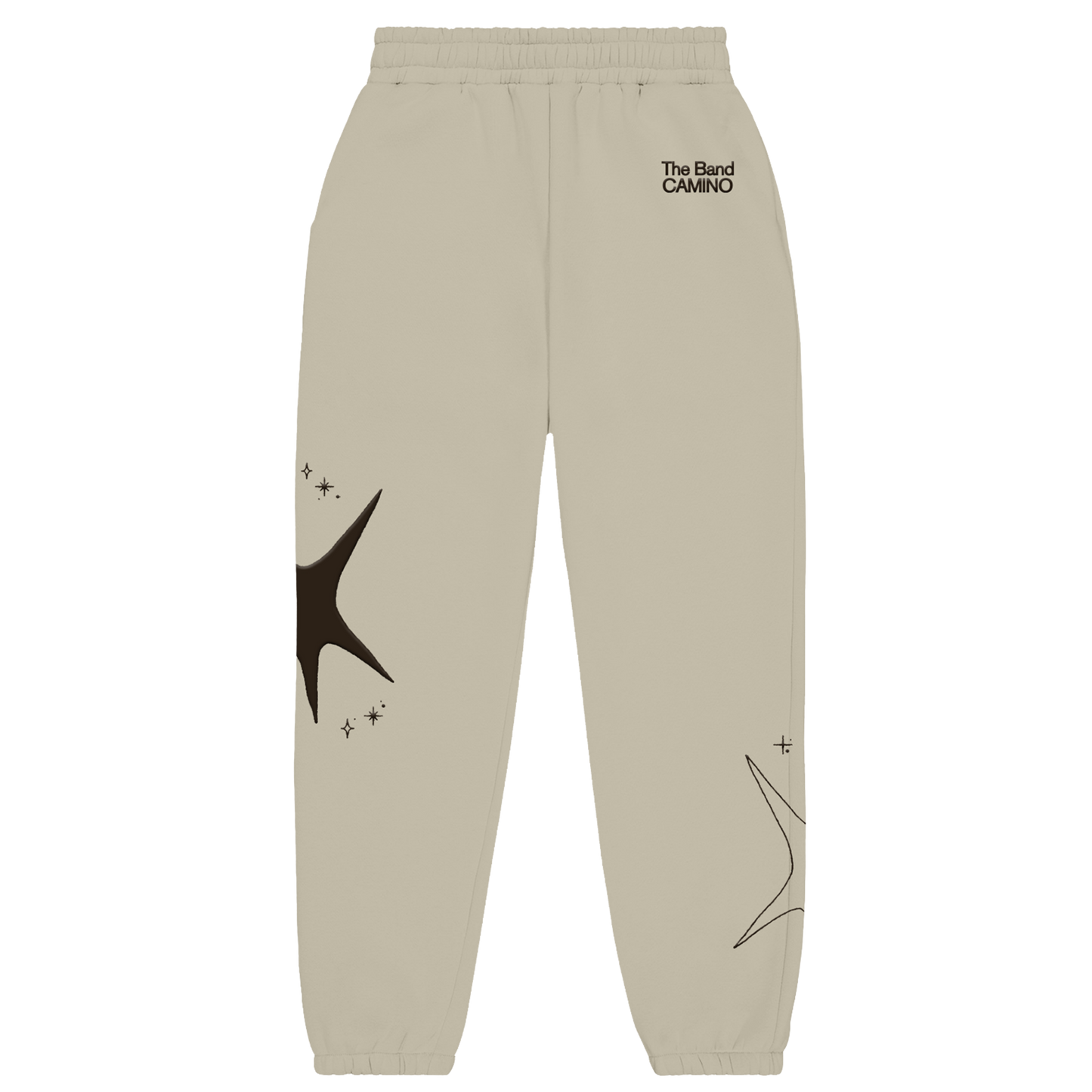 Beige sweatpants with star designs and text on a white background
