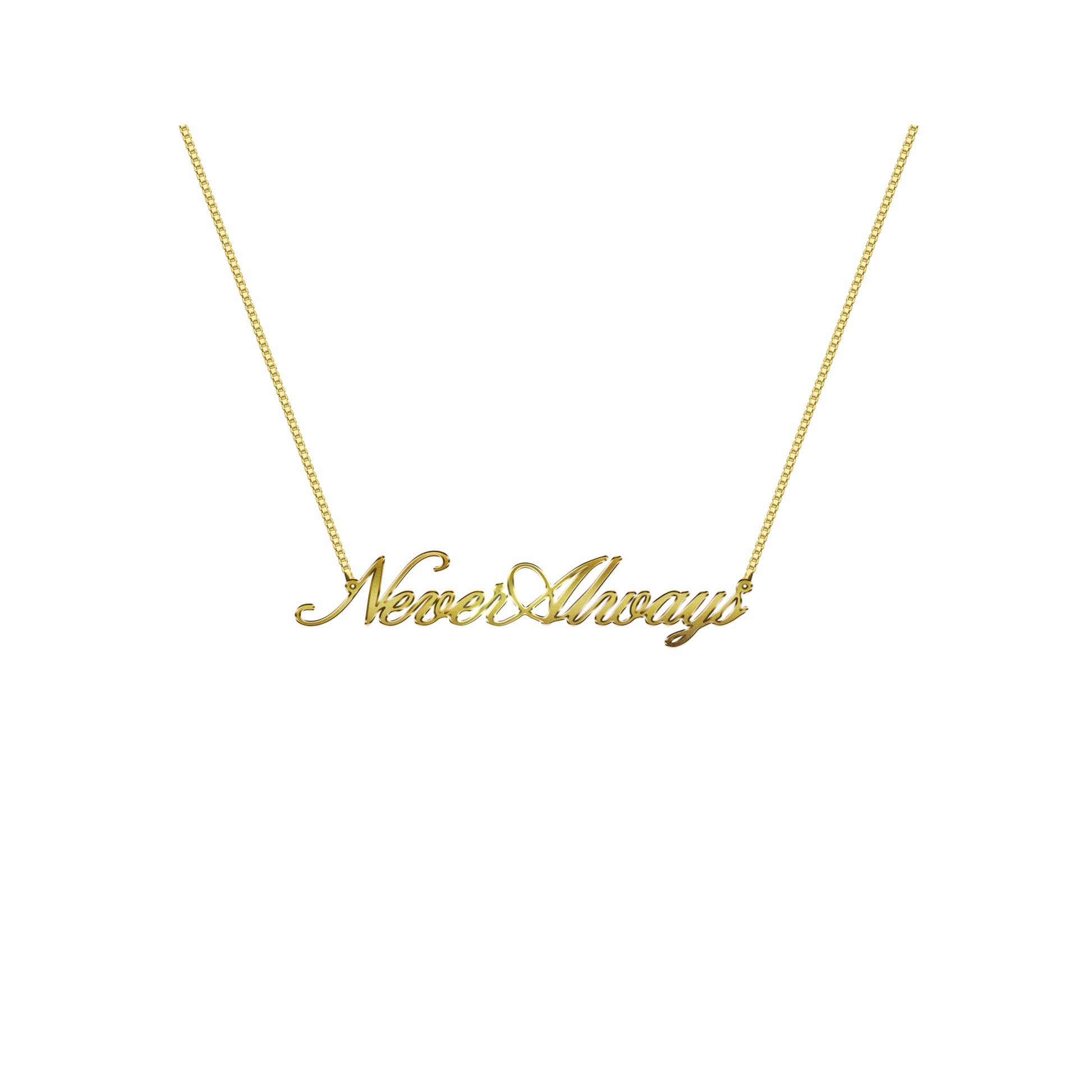 Gold necklace with 'Never Always' pendant on a white background