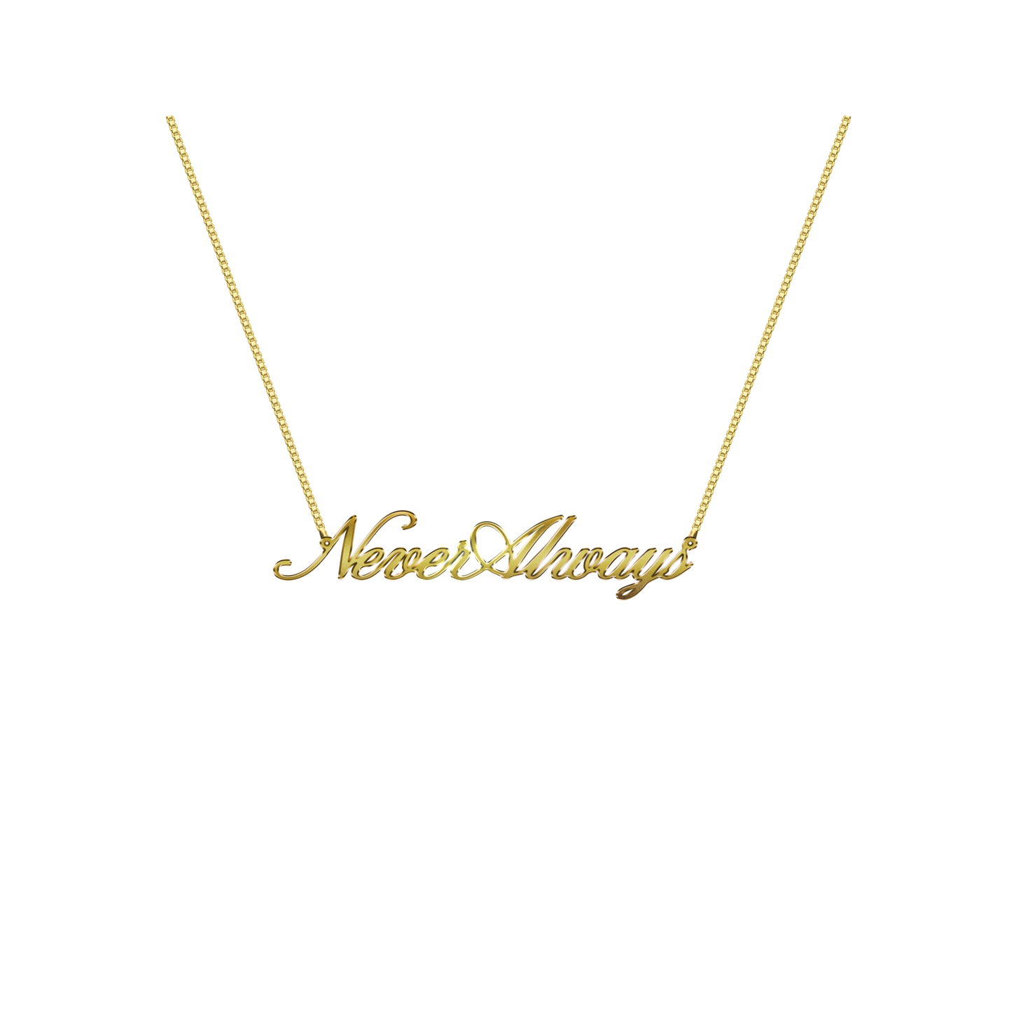 Gold necklace with 'Never Always' pendant on a white background
