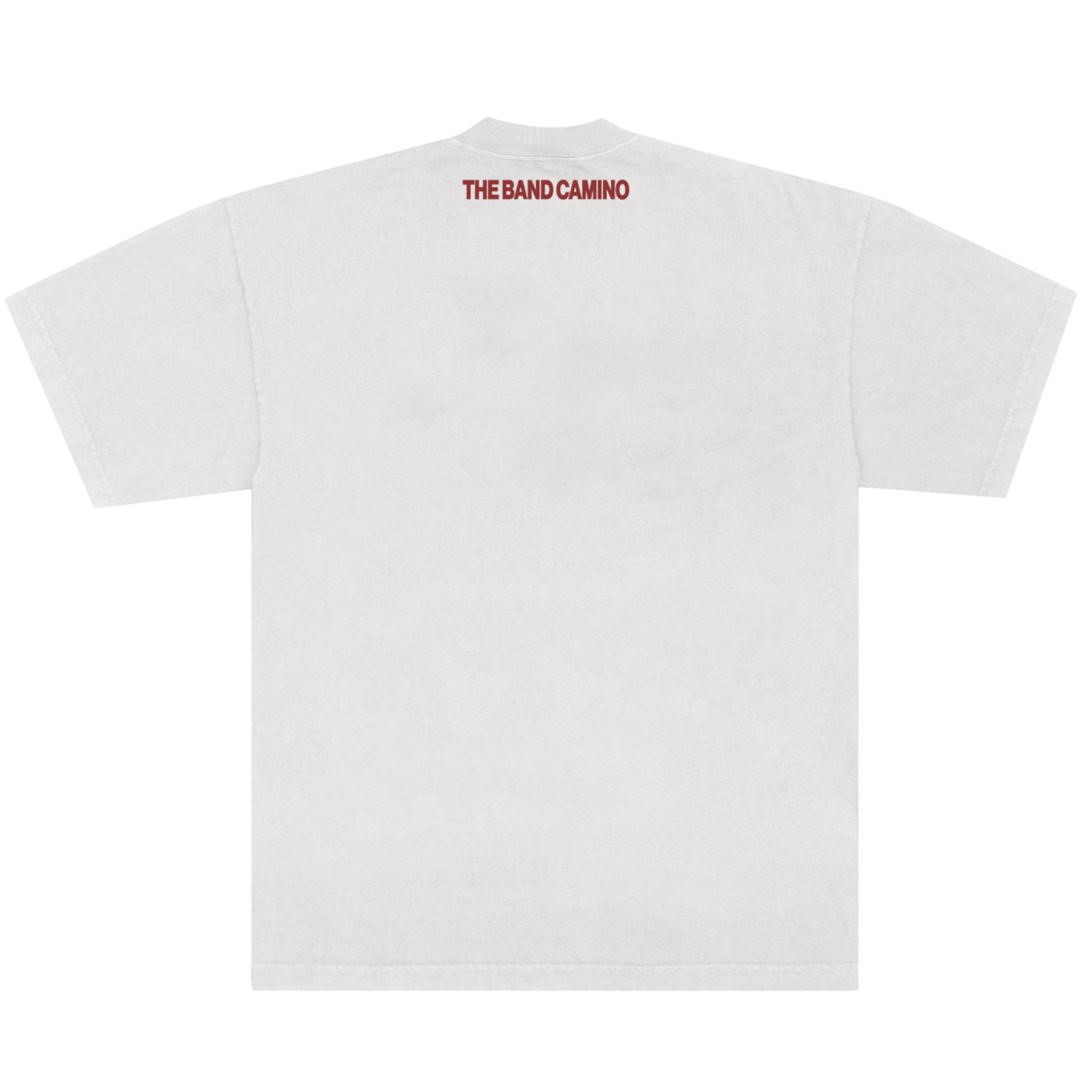 White t-shirt with 'The Band Camino' logo on the back against a white background