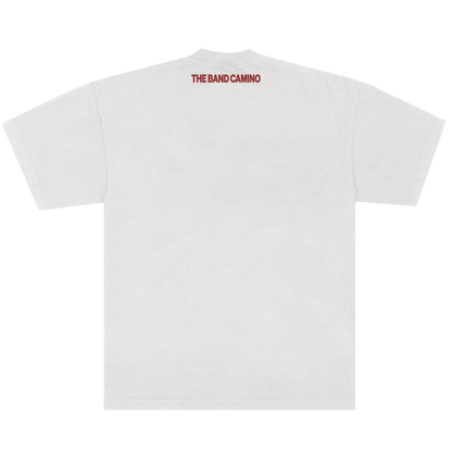 White t-shirt with 'The Band Camino' logo on the back against a white background