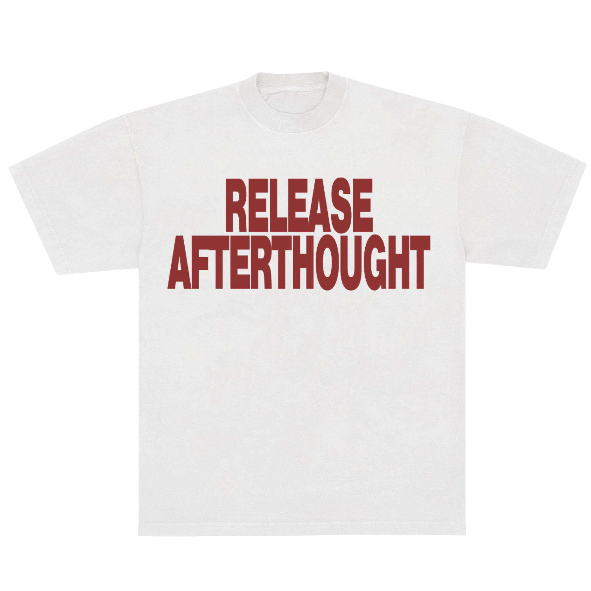 White t-shirt with red text 'RELEASE AFTERTHOUGHT' on a white background